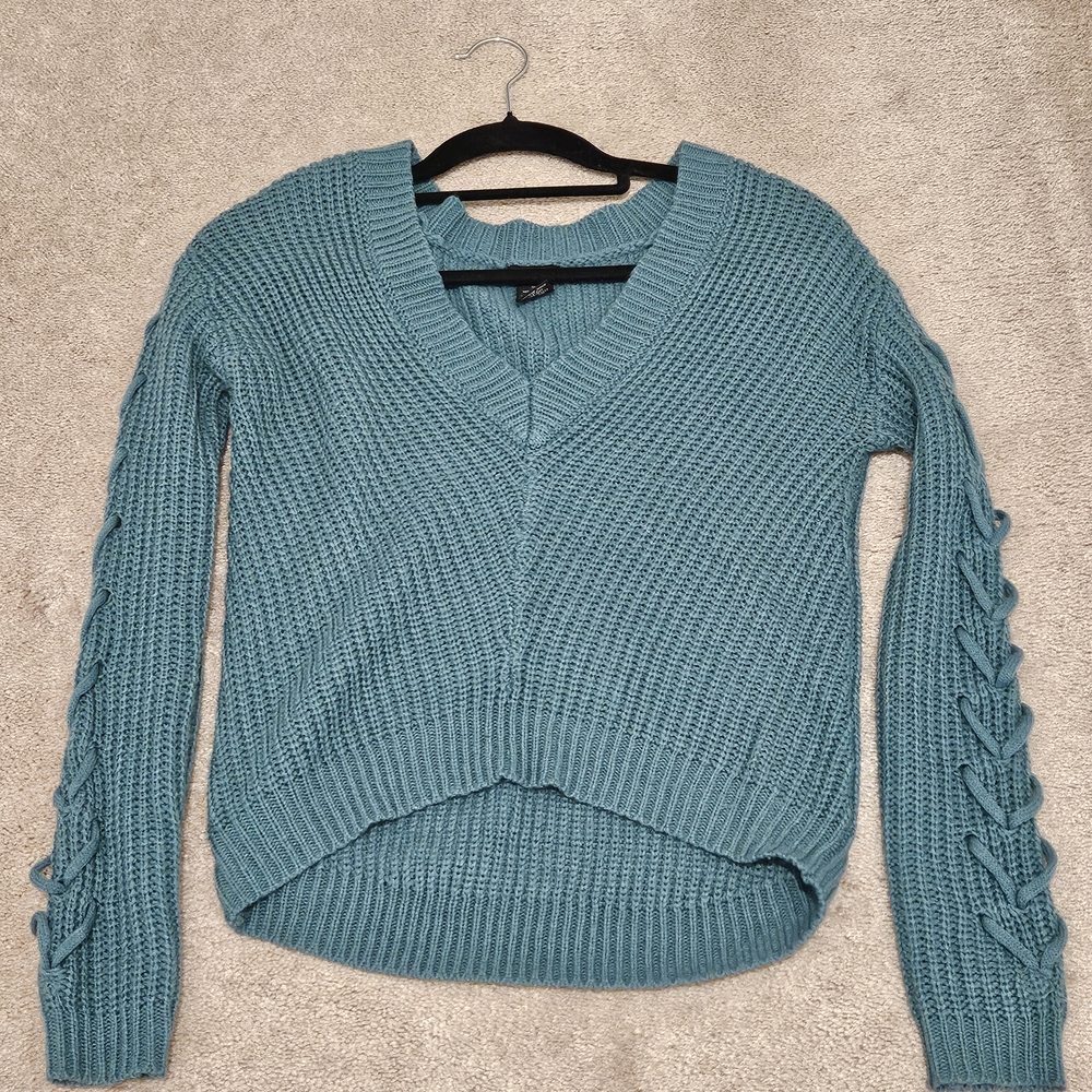 Rue21 Blue V-Neck Sweater with Lace-Up Detail
